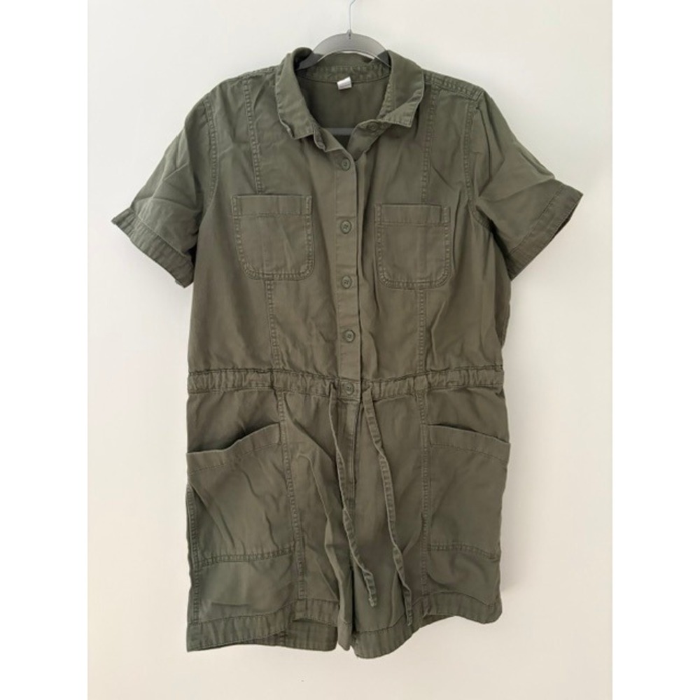 Old Navy Womens Olive Green Short Sleeve Utility Romper Size L Button Up Cotton
